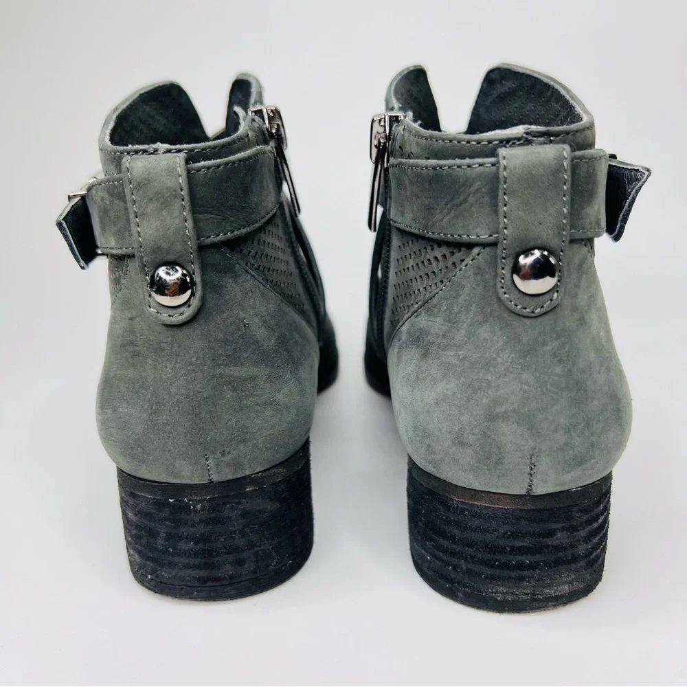 Vince Camuto Casha Gray Perforated Suede Side Zip Buckled Accent Ankle Boot